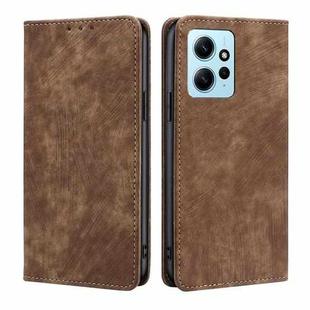 For Xiaomi Redmi Note 12 4G Global RFID Anti-theft Brush Magnetic Leather Phone Case(Brown)