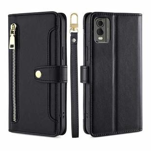 For Nokia C32 Sheep Texture Cross-body Zipper Wallet Leather Phone Case(Black)