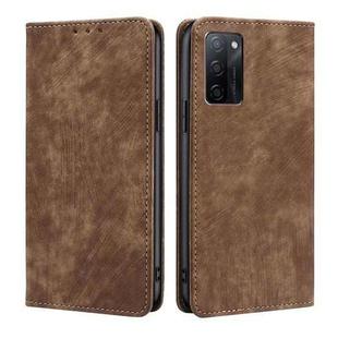 For OPPO A55S 5G RFID Anti-theft Brush Magnetic Leather Phone Case(Brown)