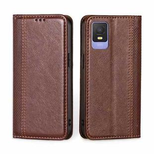 For TCL 403 Grid Texture Magnetic Flip Leather Phone Case(Brown)