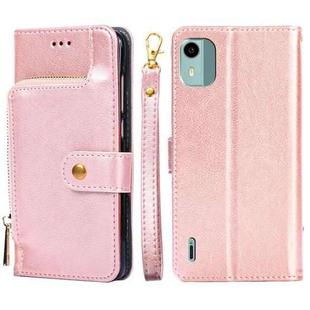 For Nokia C12 Zipper Bag Leather Phone Case(Rose Gold)