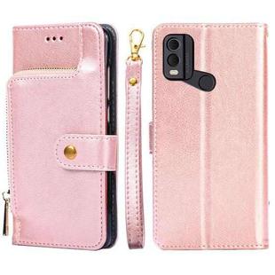 For Nokia C22 Zipper Bag Leather Phone Case(Rose Gold)