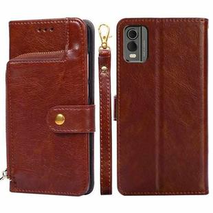 For Nokia C32 Zipper Bag Leather Phone Case(Brown)