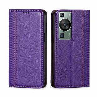 For Huawei P60 / P60 Pro Grid Texture Magnetic Flip Leather Phone Case(Purple)