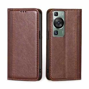 For Huawei P60 / P60 Pro Grid Texture Magnetic Flip Leather Phone Case(Brown)