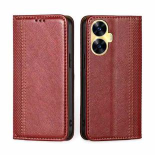 For Realme C55 4G Grid Texture Magnetic Flip Leather Phone Case(Red)
