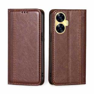For Realme C55 4G Grid Texture Magnetic Flip Leather Phone Case(Brown)