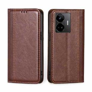 For Realme GT Neo 5 / GT3 Grid Texture Magnetic Flip Leather Phone Case(Brown)