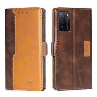 For OPPO A55S 5G Contrast Color Side Buckle Leather Phone Case(Dark Brown + Gold)