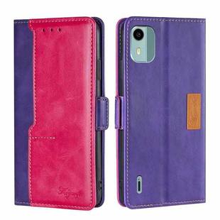 For Nokia C12 Contrast Color Side Buckle Leather Phone Case(Purple + Rose Red)