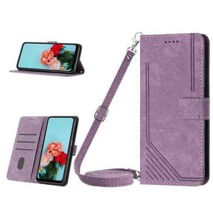 For Nokia C32 Skin Feel Stripe Pattern Leather Phone Case with Lanyard(Purple)