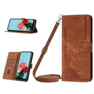 For Tecno Spark 10 Skin Feel Stripe Pattern Leather Phone Case with Lanyard(Brown)