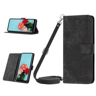 For Tecno Pop 7 Skin Feel Stripe Pattern Leather Phone Case with Lanyard(Black)
