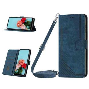 For Tecno Pop 7 Pro Skin Feel Stripe Pattern Leather Phone Case with Lanyard(Blue)