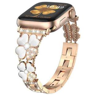 For Apple Watch SE 2022 44mm Petal Metal Diamond Watch Band(Rose Gold+White)