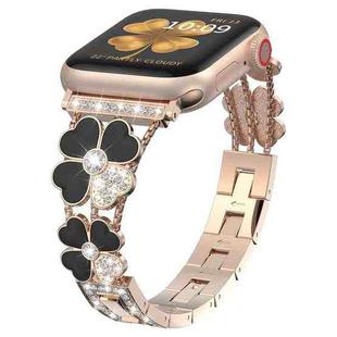 For Apple Watch 3 42mm Petal Metal Diamond Watch Band(Rose Gold+Black)