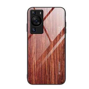 For Huawei P60 Wood Grain Glass Phone Case(Coffee)