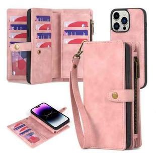 For iPhone 14 Pro Max Zipper Wallet Detachable MagSafe Leather Phone Case(Pink)