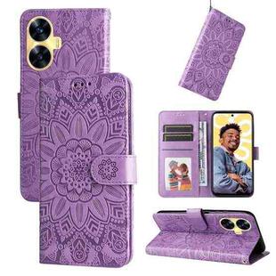 For Realme C55 Embossed Sunflower Leather Phone Case(Purple)