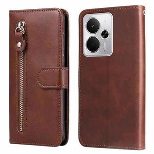 For Realme 14 Global Fashion Calf Texture Zipper Leather Phone Case(Brown)