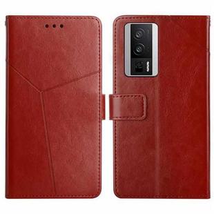 For Xiaomi Poco F5 Pro HT01 Y-shaped Pattern Flip Leather Phone Case(Brown)