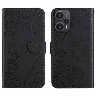 For Xiaomi Poco F5 HT03 Skin Feel Butterfly Embossed Flip Leather Phone Case(Black)