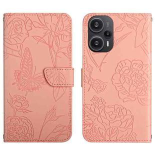 For Xiaomi Poco F5 HT03 Skin Feel Butterfly Embossed Flip Leather Phone Case(Pink)