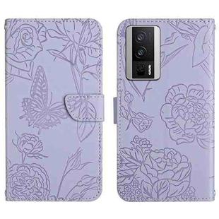 For Xiaomi Poco F5 Pro HT03 Skin Feel Butterfly Embossed Flip Leather Phone Case(Purple)