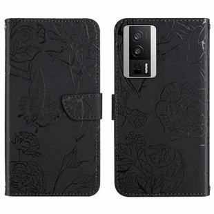 For Xiaomi Poco F5 Pro HT03 Skin Feel Butterfly Embossed Flip Leather Phone Case(Black)
