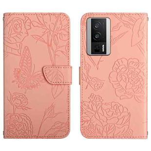 For Xiaomi Poco F5 Pro HT03 Skin Feel Butterfly Embossed Flip Leather Phone Case(Pink)