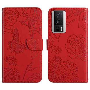 For Xiaomi Poco F5 Pro HT03 Skin Feel Butterfly Embossed Flip Leather Phone Case(Red)