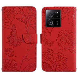 For Xiaomi 13T / 13T Pro Skin Feel Butterfly Embossed Flip Leather Phone Case(Red)