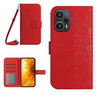 For Xiaomi Poco F5 Skin Feel Sun Flower Embossed Flip Leather Phone Case with Lanyard(Red)