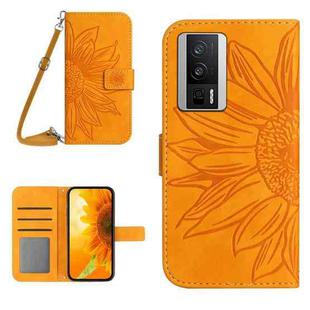 For Xiaomi Poco F5 Pro Skin Feel Sun Flower Embossed Flip Leather Phone Case with Lanyard(Yellow)