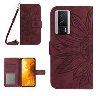 For Xiaomi Poco F5 Pro Skin Feel Sun Flower Embossed Flip Leather Phone Case with Lanyard(Wine Red)