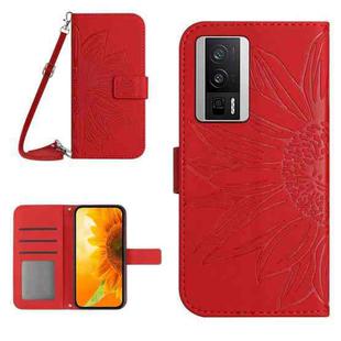 For Xiaomi Poco F5 Pro Skin Feel Sun Flower Embossed Flip Leather Phone Case with Lanyard(Red)