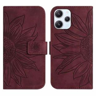 For Xiaomi Redmi 12 4G Global Skin Feel Sun Flower Embossed Flip Leather Phone Case with Lanyard(Wine Red)