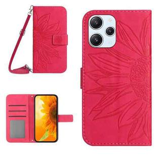 For Xiaomi Redmi 12 5G Skin Feel Sun Flower Embossed Flip Leather Phone Case with Lanyard(Rose Red)