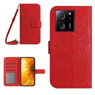 For Xiaomi 13T / 13T Pro Skin Feel Sun Flower Embossed Flip Leather Phone Case with Lanyard(Red)