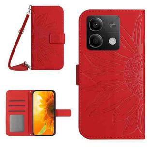 For Xiaomi Redmi Note 13 4G Global Skin Feel Sun Flower Embossed Flip Leather Phone Case with Lanyard(Red)