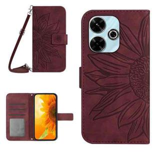 For Xiaomi Redmi 13 4G Global Skin Feel Sun Flower Embossed Flip Leather Phone Case with Lanyard(Wine Red)