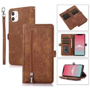 For iPhone 11 Zipper Card Slot Buckle Wallet Leather Phone Case(Brown)