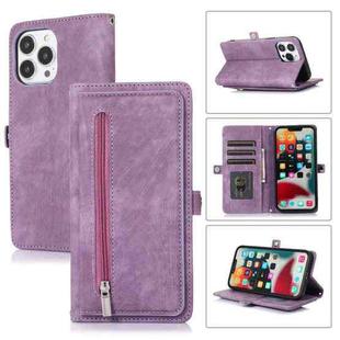 For iPhone 13 Pro Zipper Card Slot Buckle Wallet Leather Phone Case(Purple)