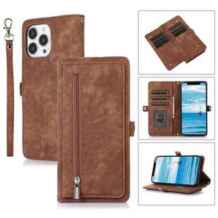 For iPhone 13 Pro Max Zipper Card Slot Buckle Wallet Leather Phone Case(Brown)