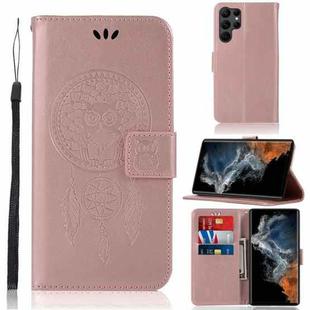 For Samsung Galaxy S23 Ultra 5G Global Wind Chime Owl Embossing Pattern Leather Phone Case(Rose Gold)