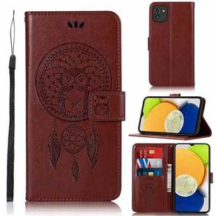 For Samsung Galaxy A04e Global Wind Chime Owl Embossing Pattern Leather Phone Case(Brown)