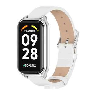 For Xiaomi Smart Band 8 Active / Redmi Band 2 Mijobs Metal Shell Microfiber PU Leather Watch Band(White Silver)