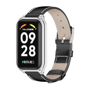 For Redmi Band 2 Mijobs Metal Shell Genuine Leather Watch Band(Black Silver)