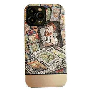 For iPhone 14 Oil Painting Electroplating Leather Phone Case(Newspapers)