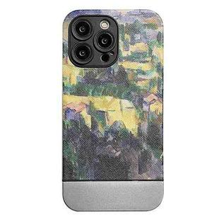 For iPhone 14 Oil Painting Electroplating Leather Phone Case(Mountain Village)